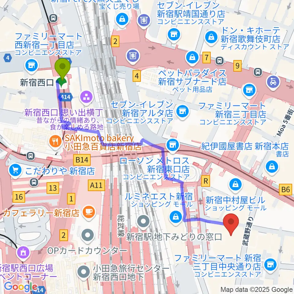 新宿西口駅から新宿武蔵野館へのルートマップ地図