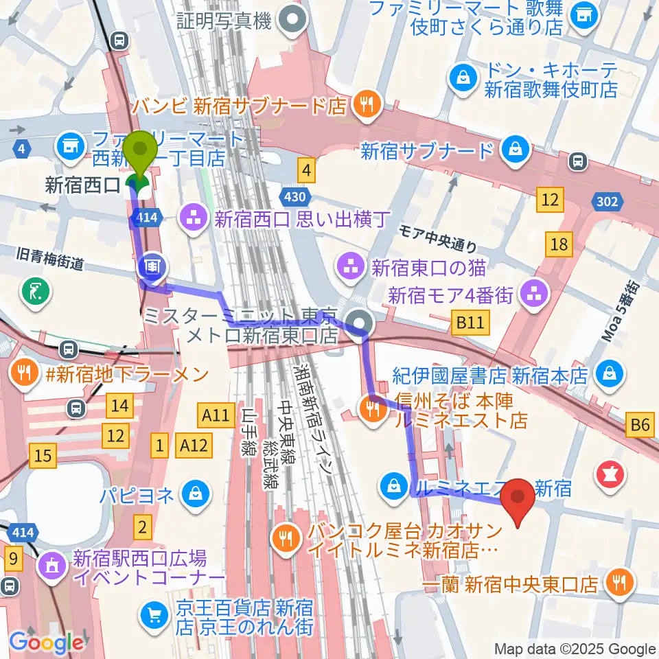 新宿西口駅から新宿武蔵野館へのルートマップ地図