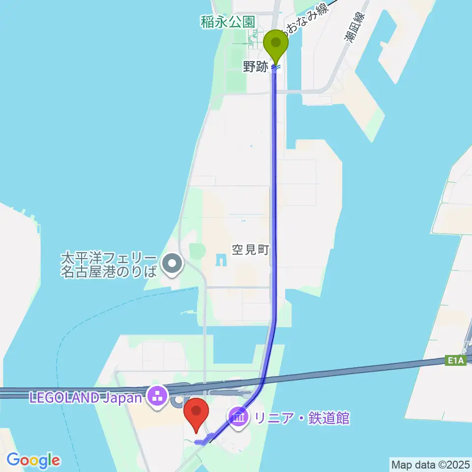 野跡駅から名古屋金城ふ頭アリーナへのルートマップ地図