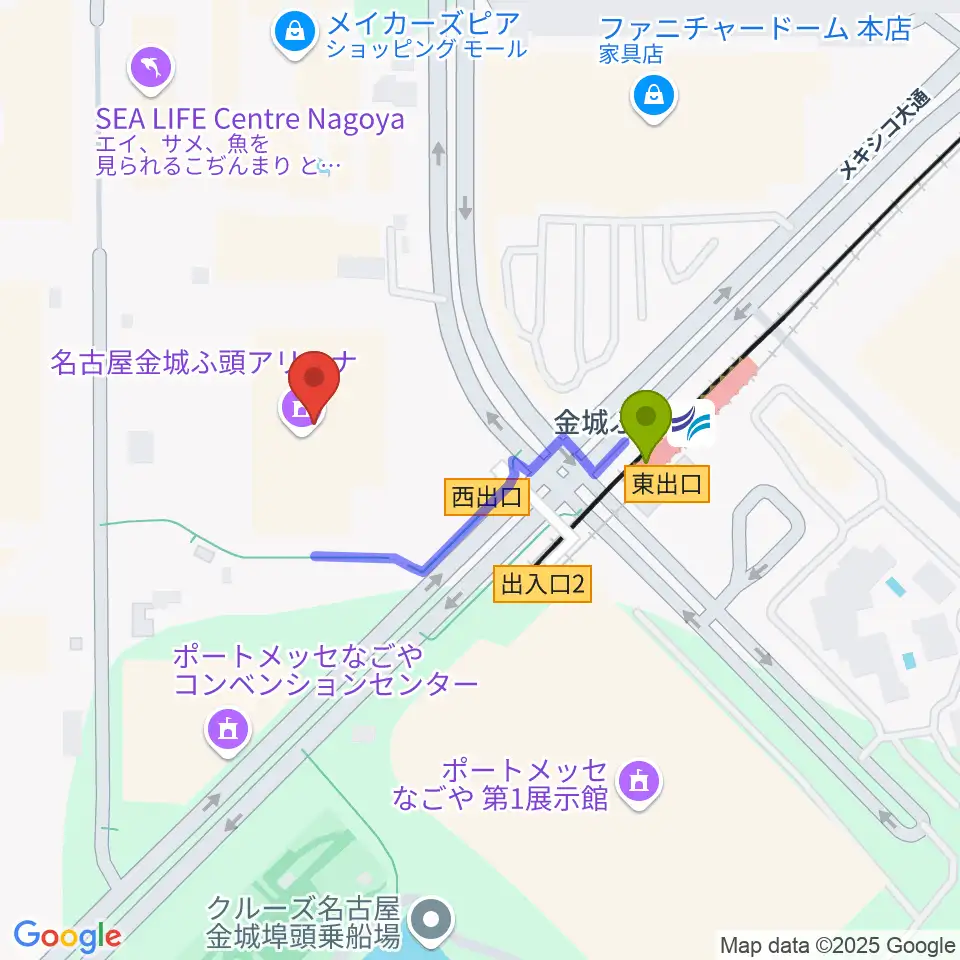 名古屋金城ふ頭アリーナの最寄駅金城ふ頭駅からの徒歩ルート（約3分）地図