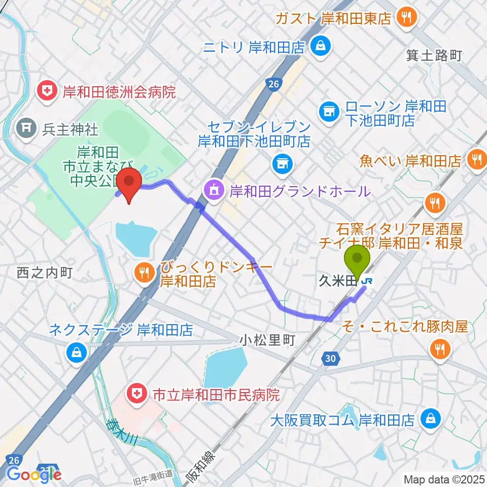 岸和田市総合体育館の最寄駅久米田駅からの徒歩ルート（約16分）地図