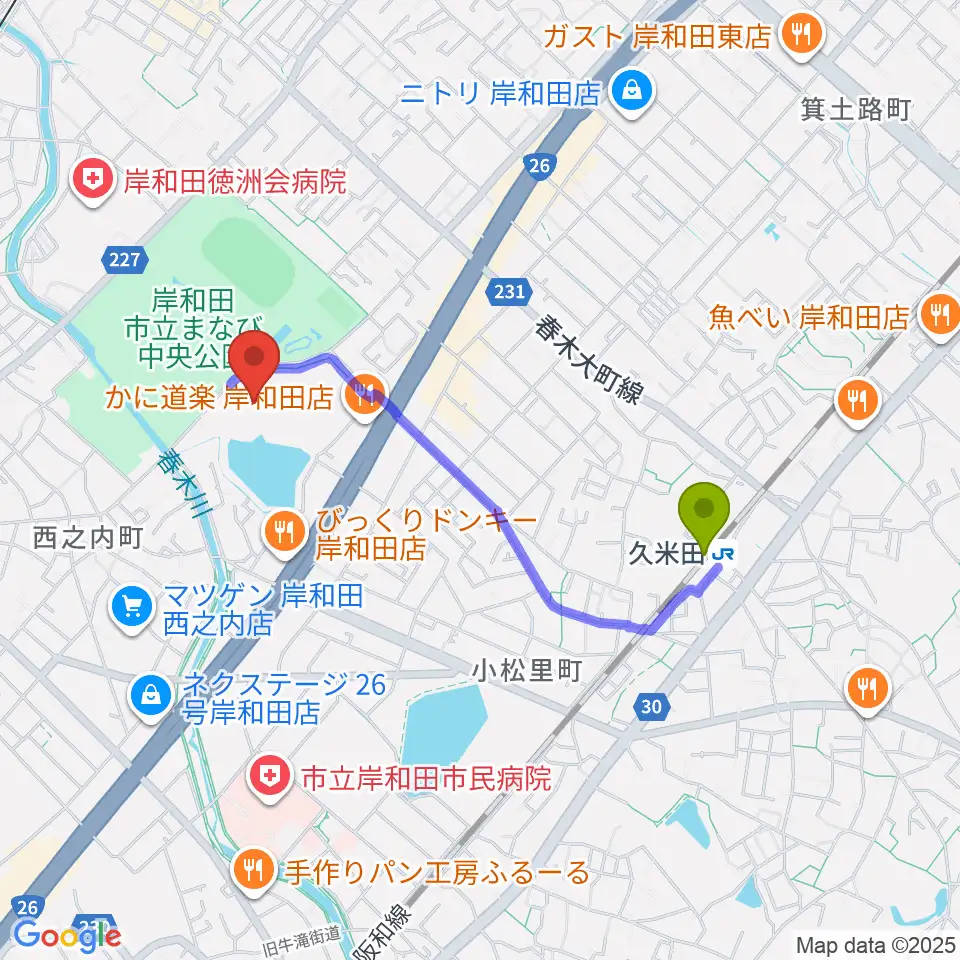 岸和田市総合体育館の最寄駅久米田駅からの徒歩ルート（約16分）地図