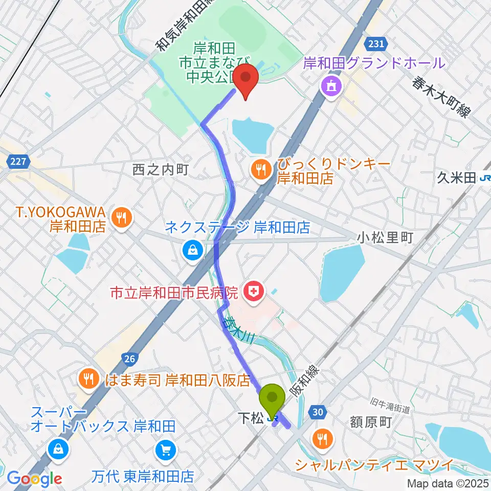 下松駅から岸和田市総合体育館へのルートマップ地図
