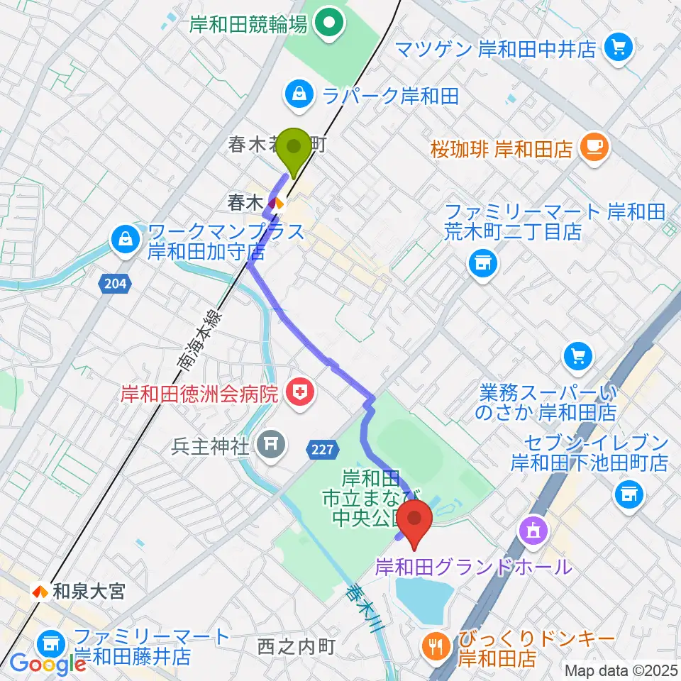 春木駅から岸和田市総合体育館へのルートマップ地図