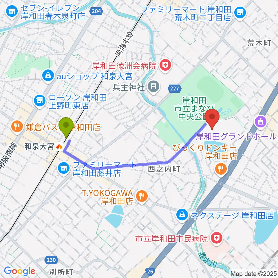 和泉大宮駅から岸和田市総合体育館へのルートマップ地図