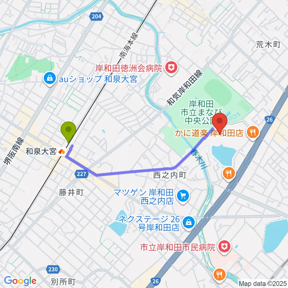 和泉大宮駅から岸和田市総合体育館へのルートマップ地図