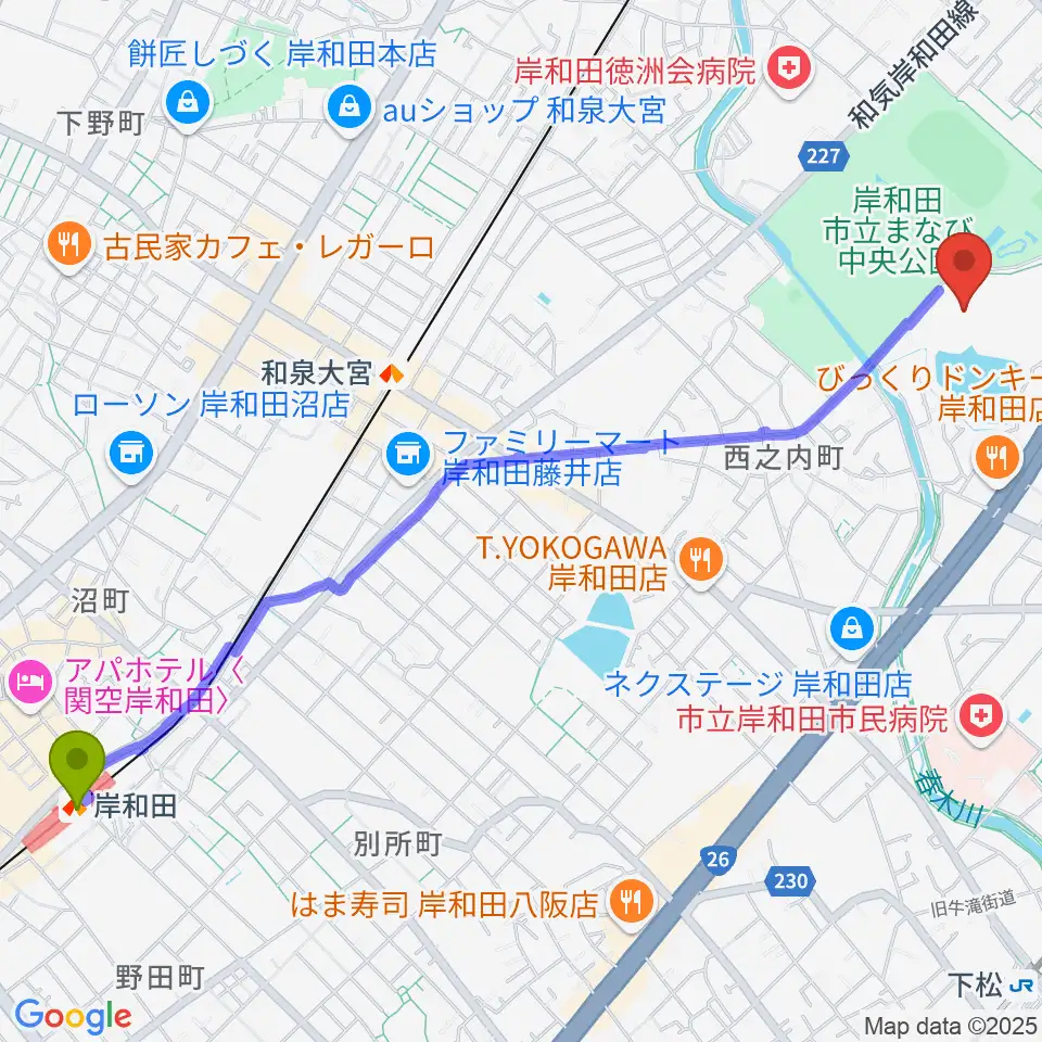 岸和田駅から岸和田市総合体育館へのルートマップ地図