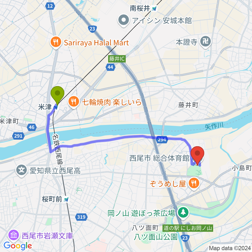 米津駅から西尾市総合体育館へのルートマップ地図