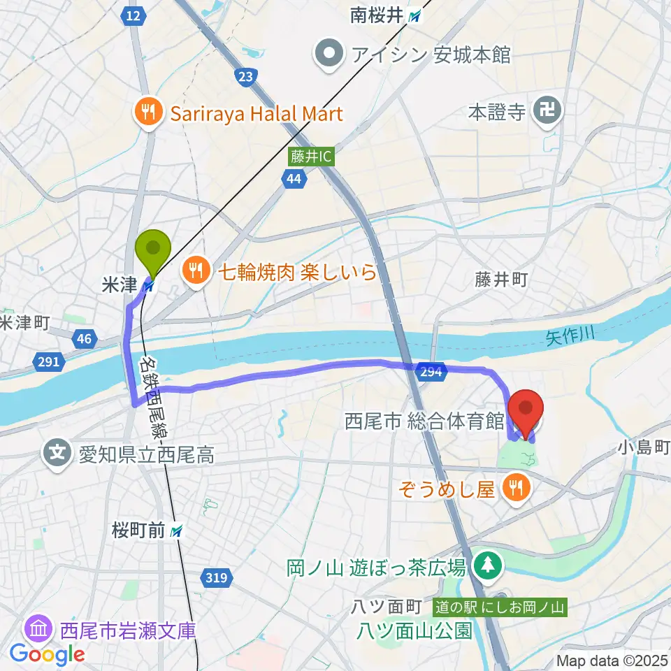 米津駅から西尾市総合体育館へのルートマップ地図