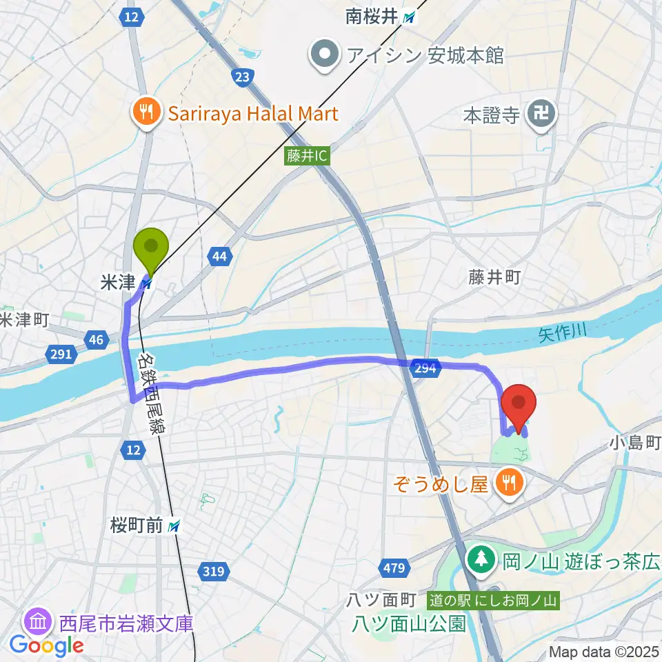 米津駅からダイセンアリーナ西尾へのルートマップ地図
