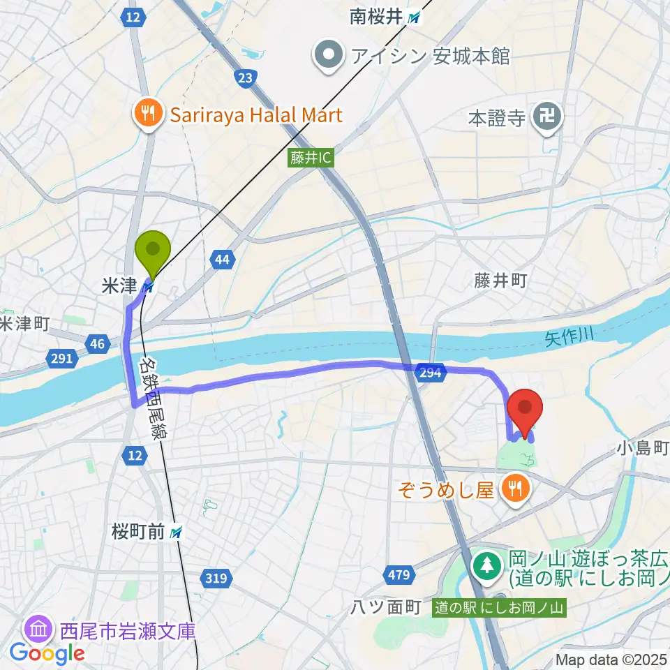 米津駅からダイセンアリーナ西尾へのルートマップ地図