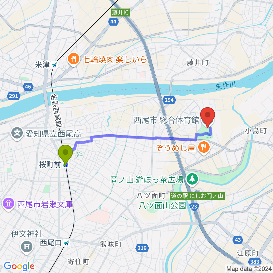 西尾市総合体育館の最寄駅桜町前駅からの徒歩ルート（約34分）地図