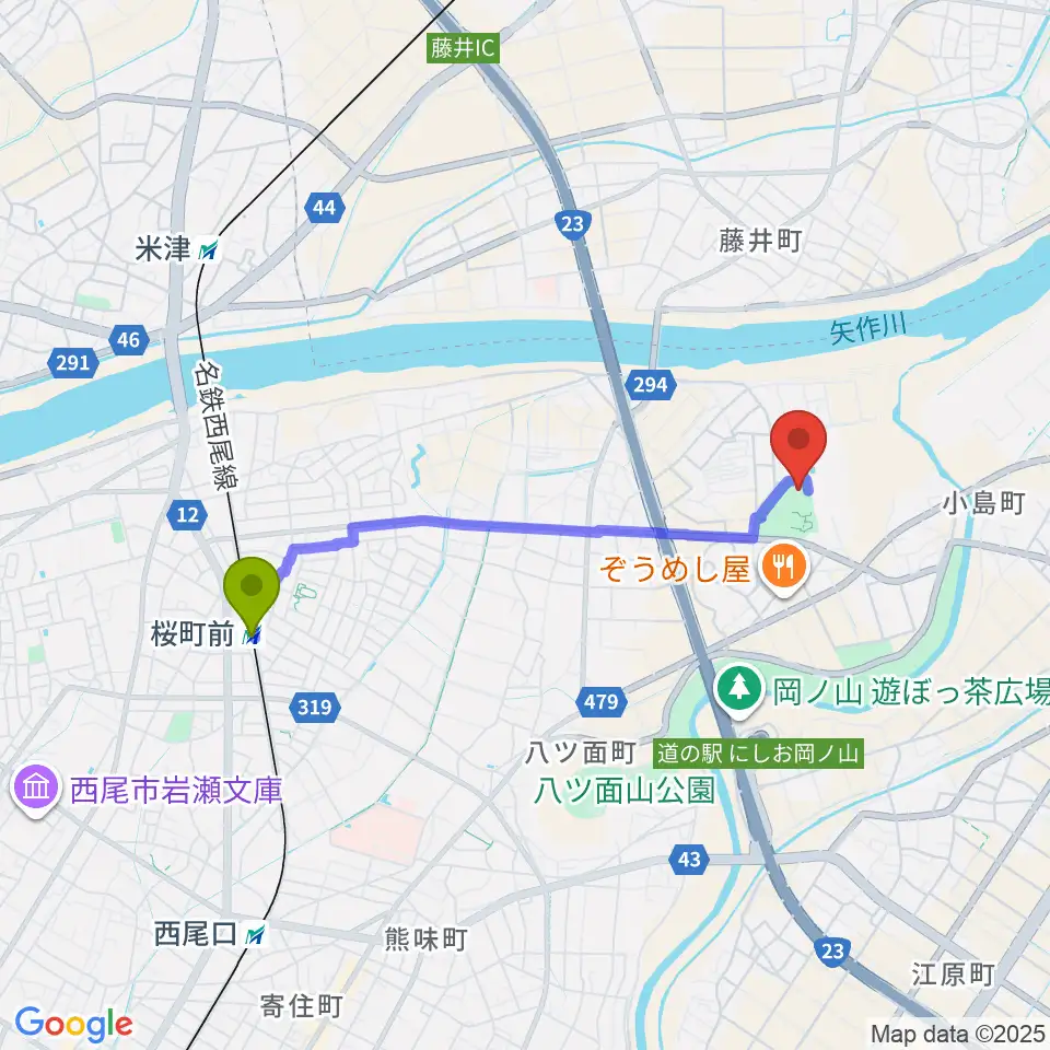 ダイセンアリーナ西尾の最寄駅桜町前駅からの徒歩ルート（約34分）地図