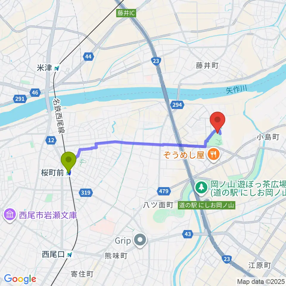 ダイセンアリーナ西尾の最寄駅桜町前駅からの徒歩ルート（約34分）地図