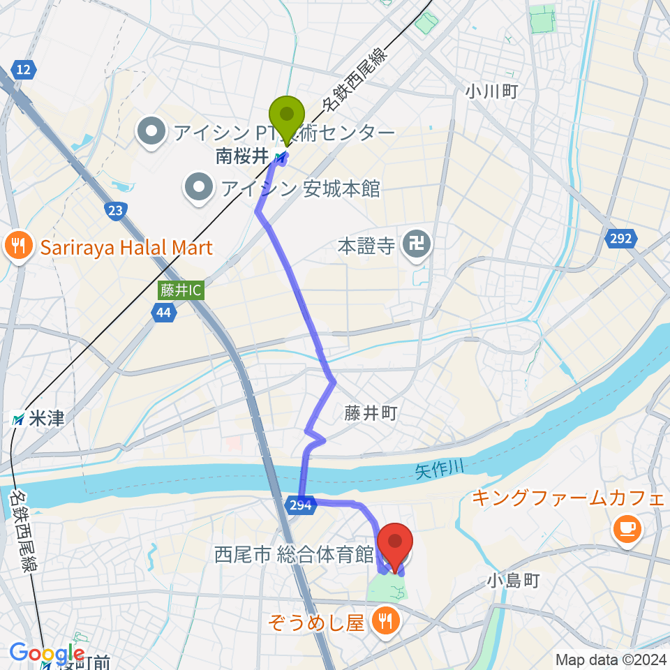 南桜井駅から西尾市総合体育館へのルートマップ地図