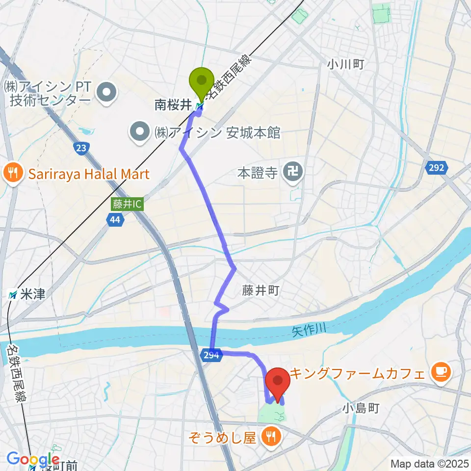 南桜井駅から西尾市総合体育館へのルートマップ地図