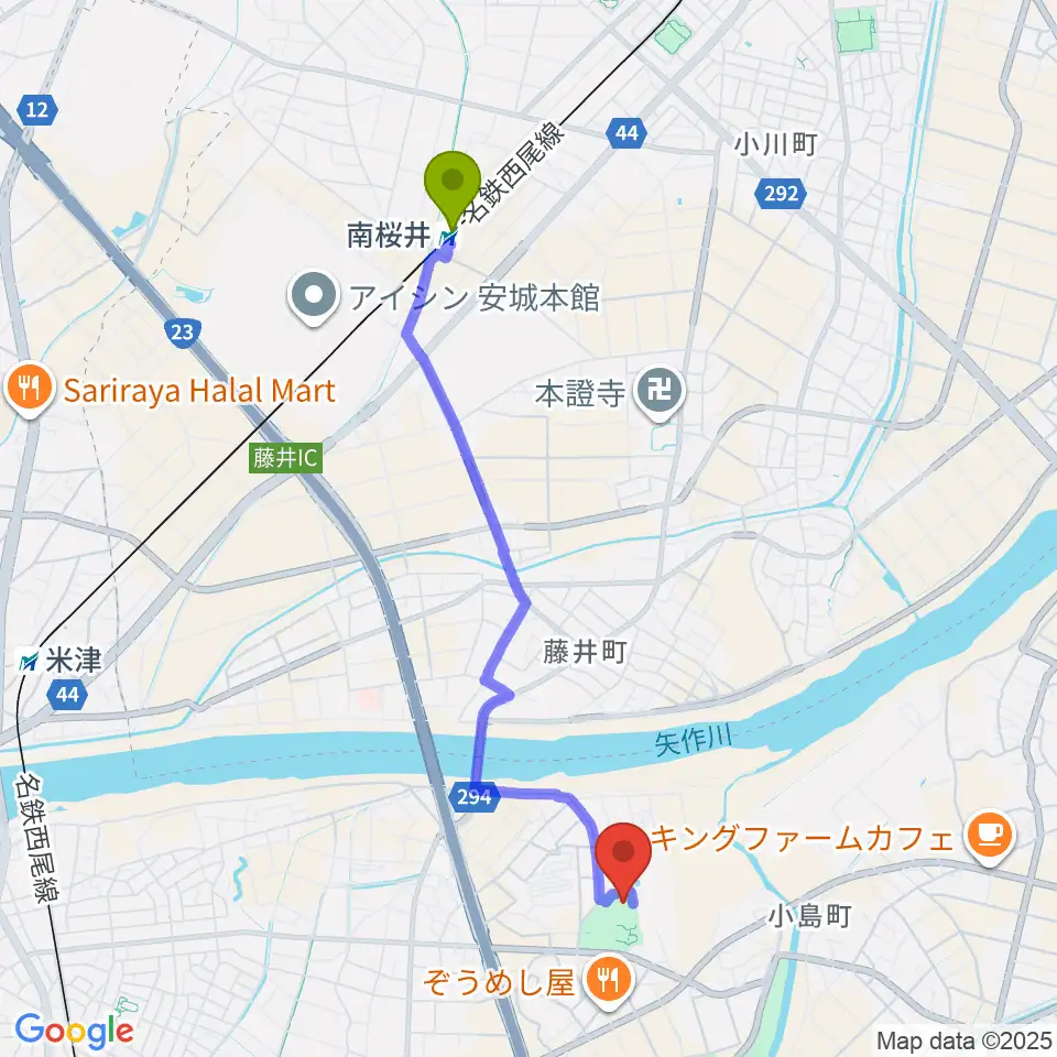 南桜井駅からダイセンアリーナ西尾へのルートマップ地図