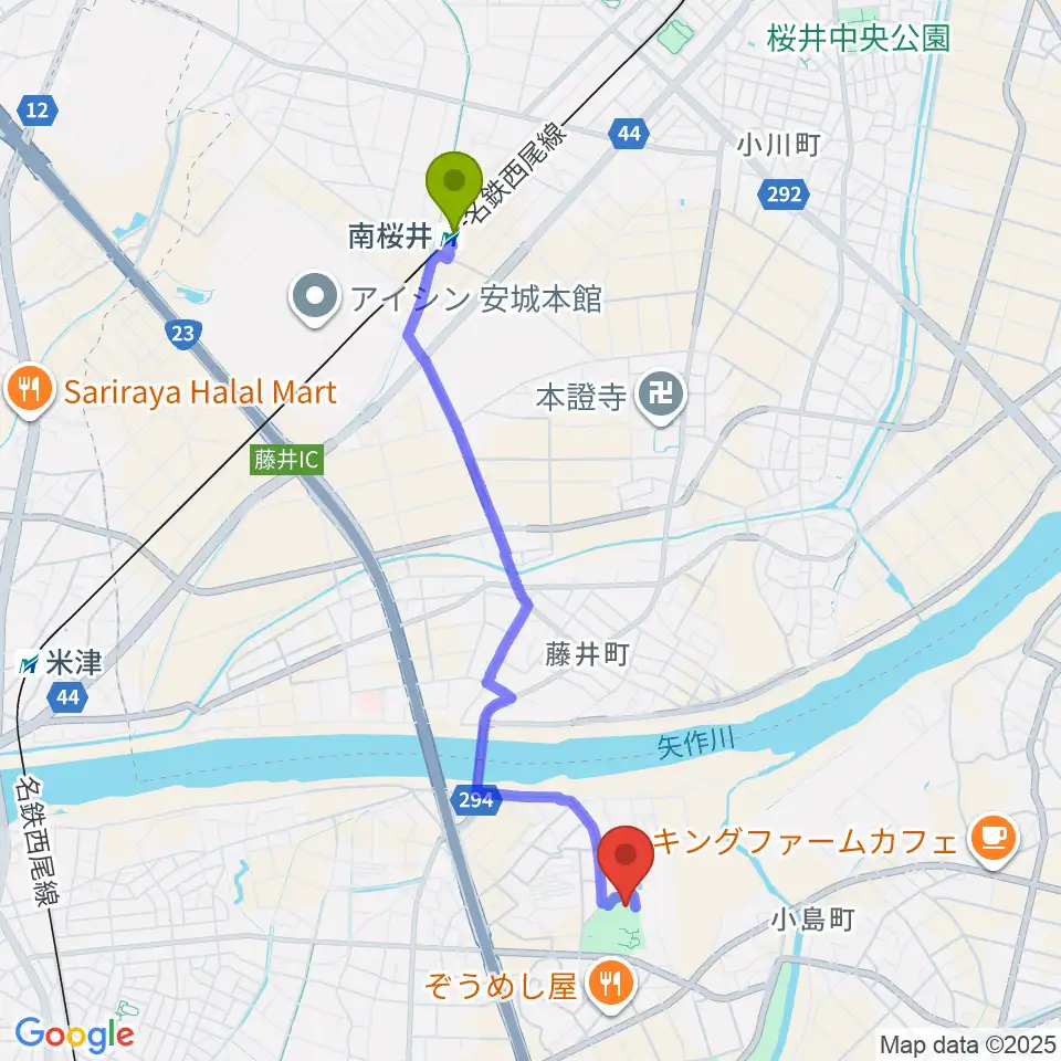 南桜井駅からダイセンアリーナ西尾へのルートマップ地図