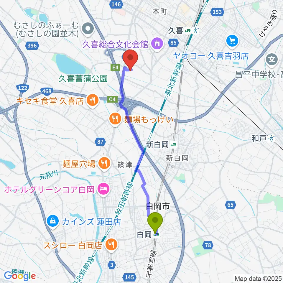 白岡駅から毎日興業アリーナ久喜へのルートマップ地図