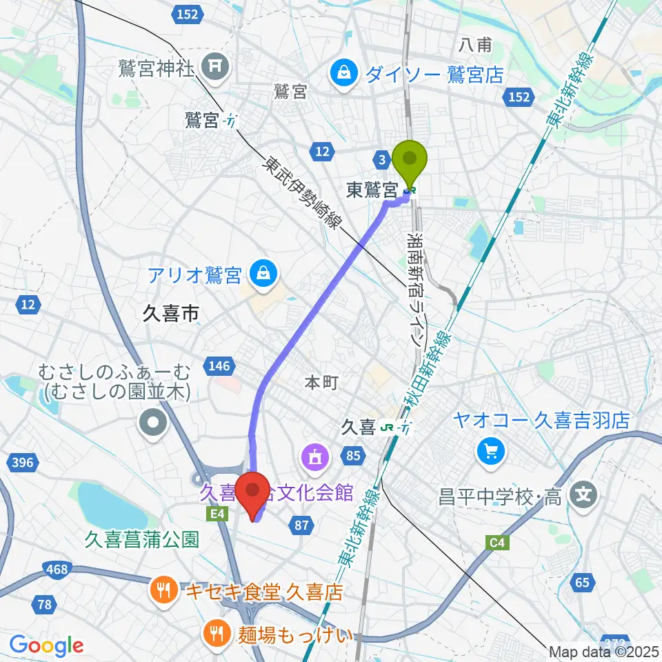 東鷲宮駅から毎日興業アリーナ久喜へのルートマップ地図