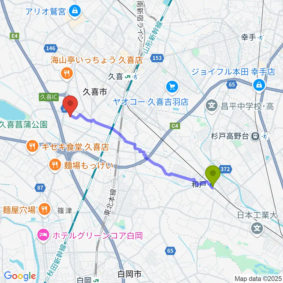 和戸駅から毎日興業アリーナ久喜へのルートマップ地図