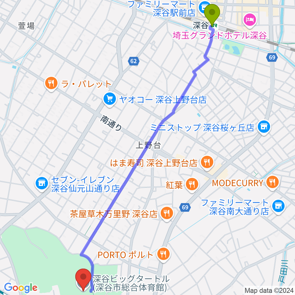 深谷ビッグタートル 深谷市総合体育館の最寄駅深谷駅からの徒歩ルート（約31分）地図