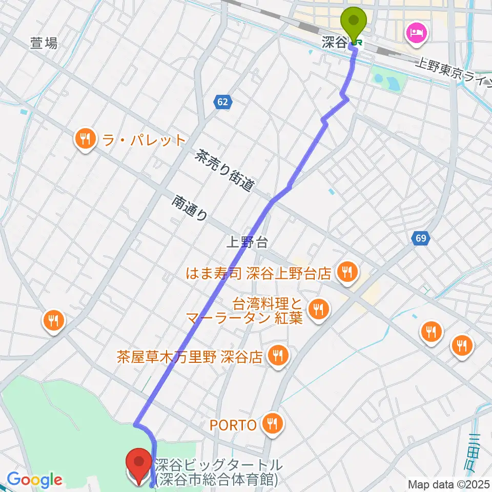 深谷ビッグタートル 深谷市総合体育館の最寄駅深谷駅からの徒歩ルート（約31分）地図