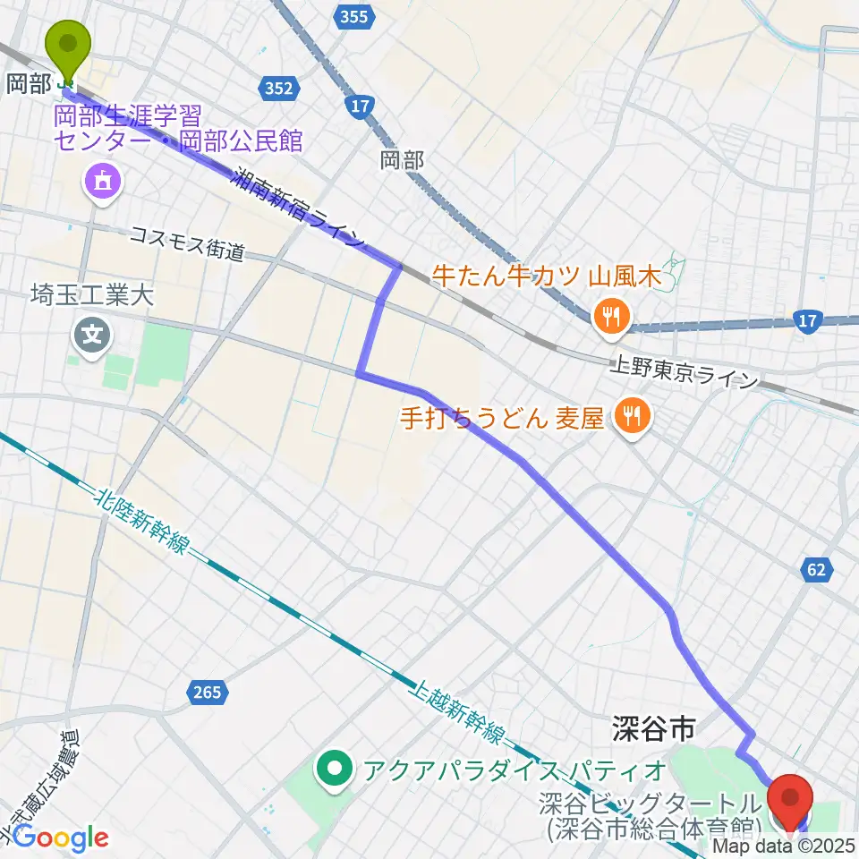 岡部駅から深谷ビッグタートル 深谷市総合体育館へのルートマップ地図