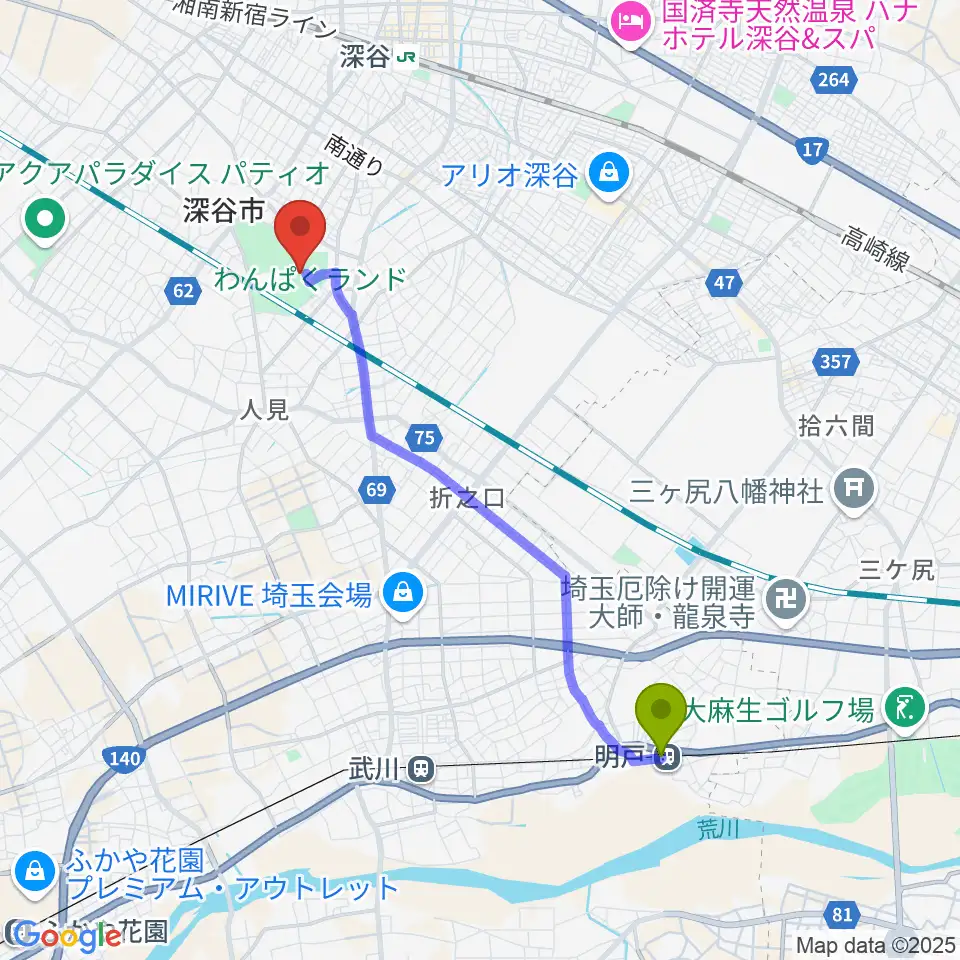 明戸駅から深谷ビッグタートル 深谷市総合体育館へのルートマップ地図