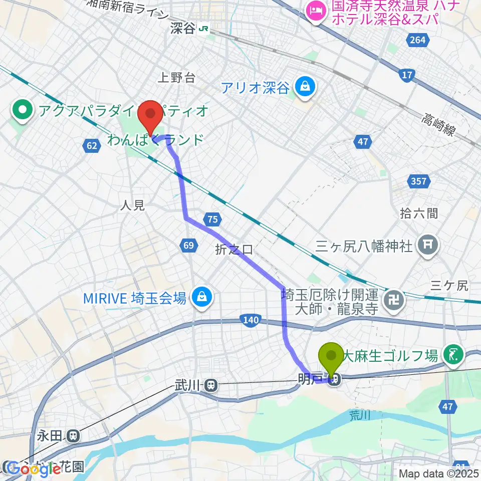 明戸駅から深谷ビッグタートル 深谷市総合体育館へのルートマップ地図
