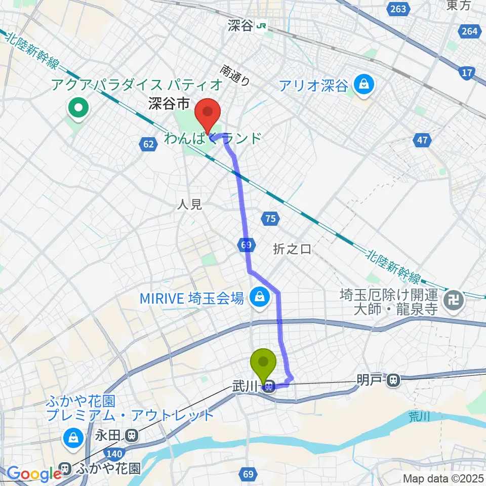 武川駅から深谷ビッグタートル 深谷市総合体育館へのルートマップ地図