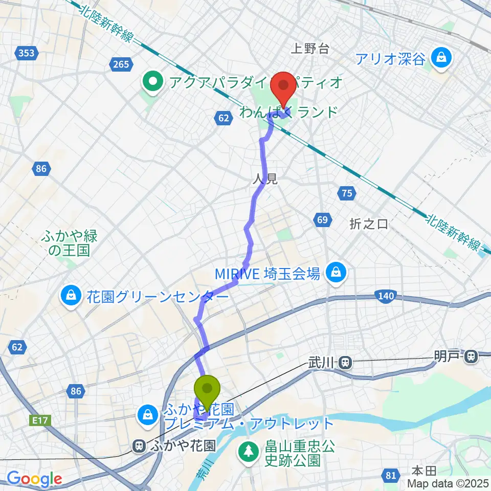 永田駅から深谷ビッグタートル 深谷市総合体育館へのルートマップ地図