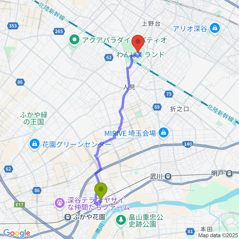 永田駅から深谷ビッグタートル 深谷市総合体育館へのルートマップ地図