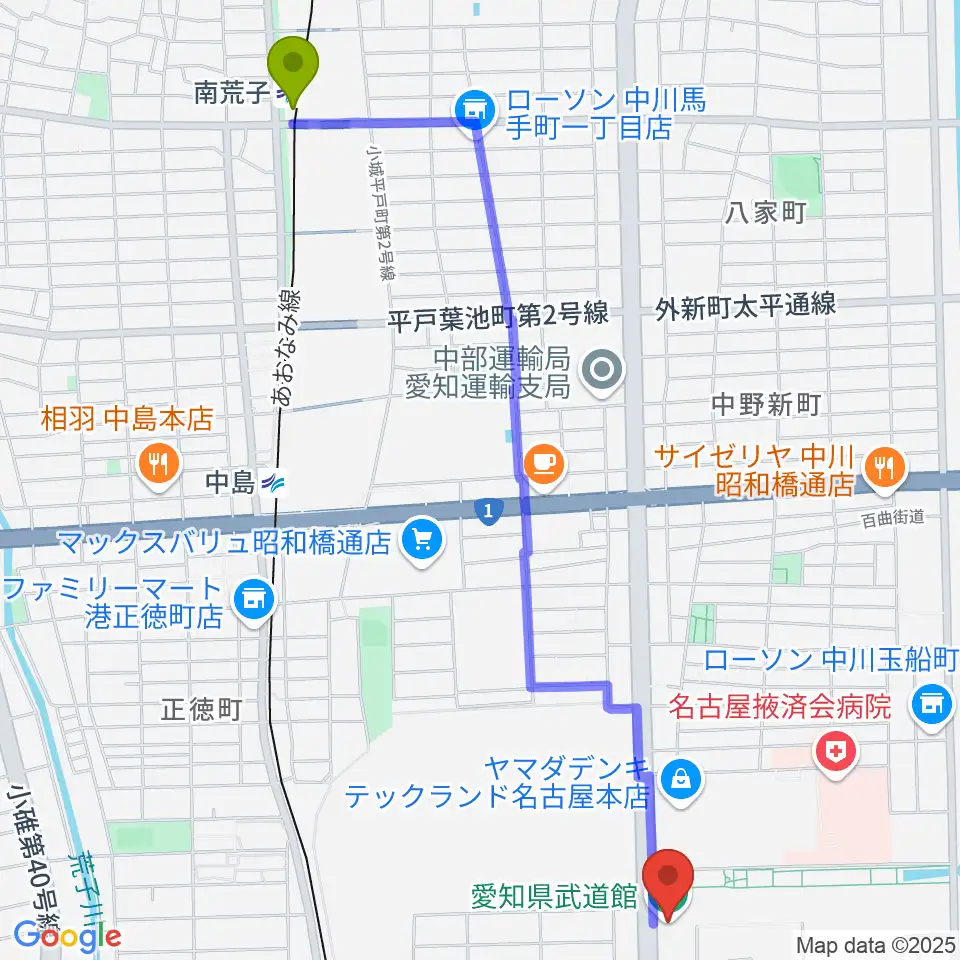 南荒子駅から愛知県武道館へのルートマップ地図