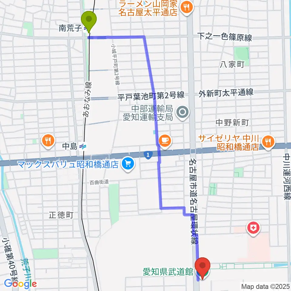 南荒子駅から愛知県武道館へのルートマップ地図