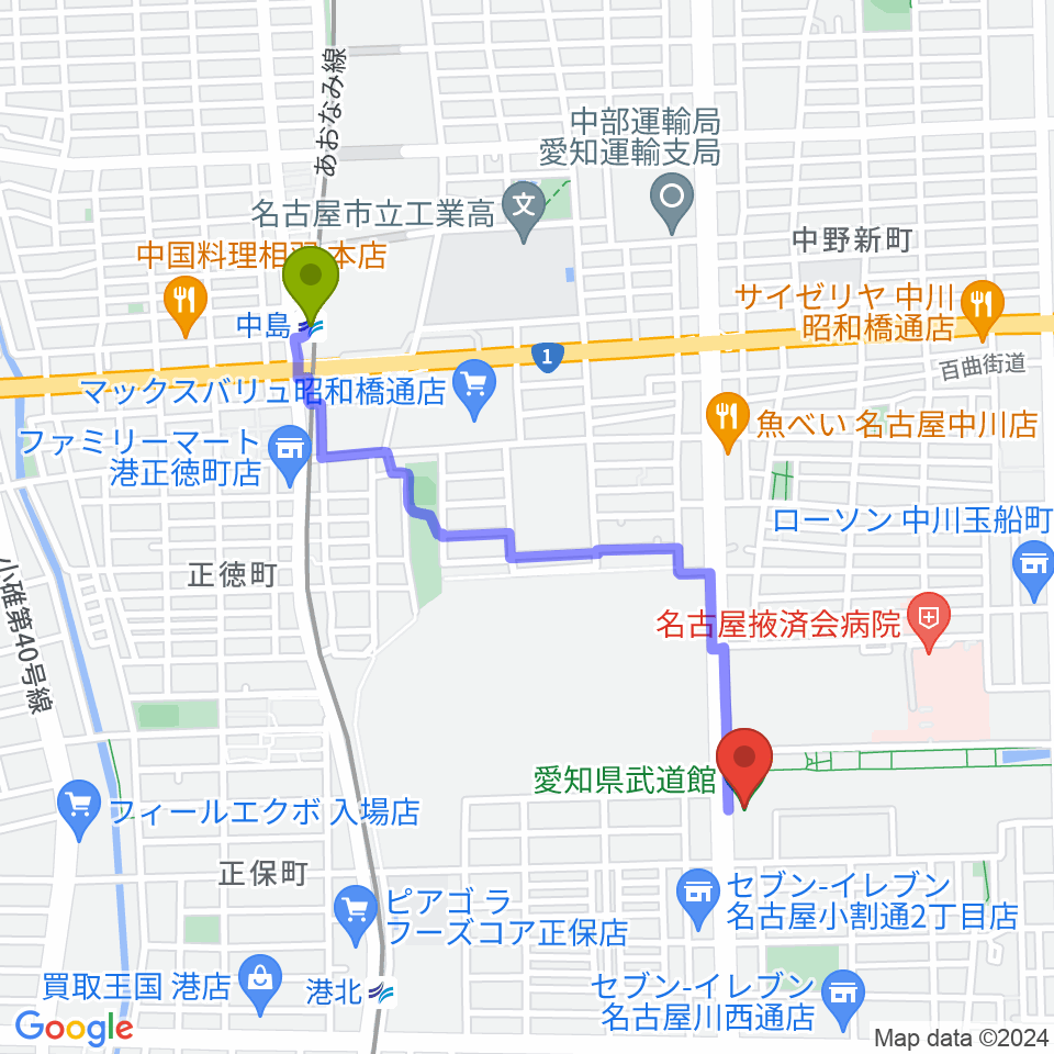 中島駅から愛知県武道館へのルートマップ地図