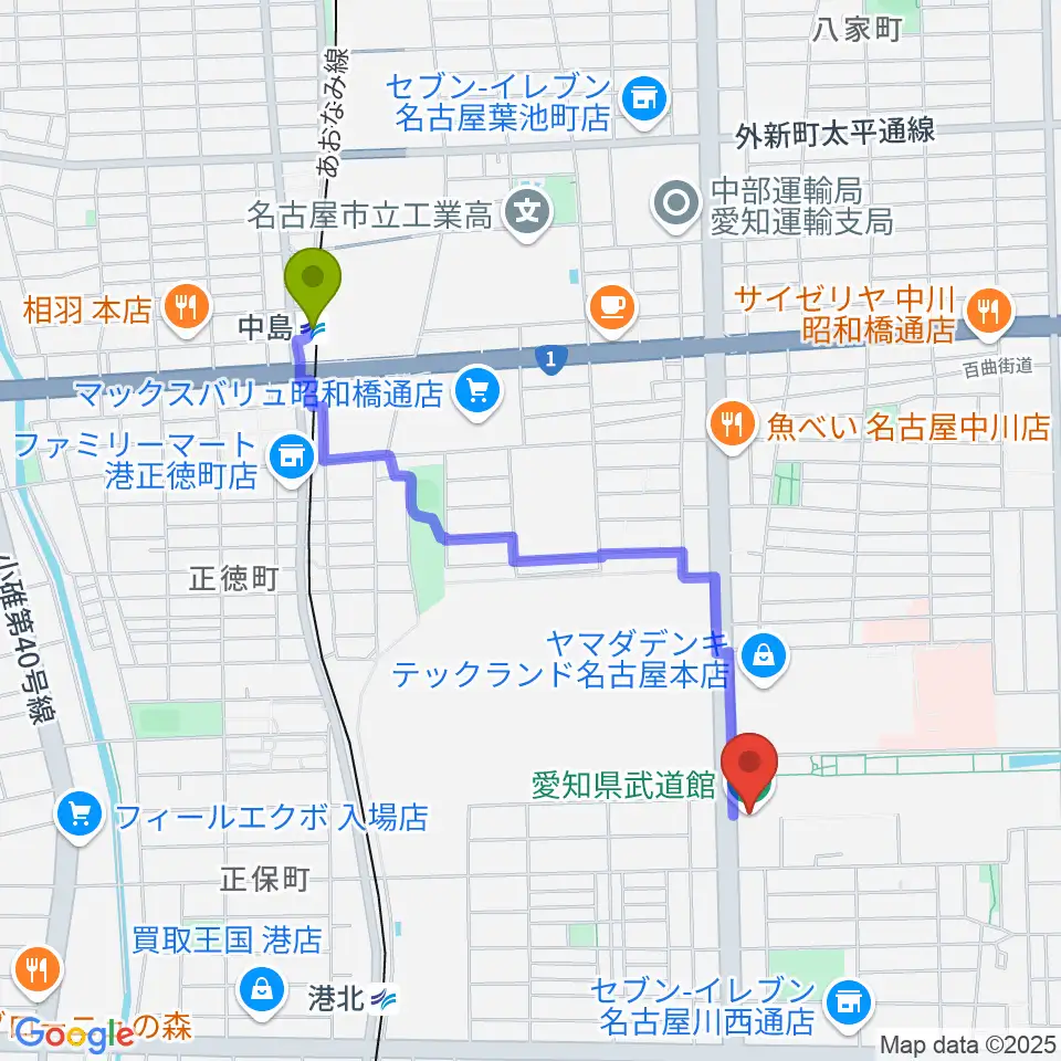 中島駅から愛知県武道館へのルートマップ地図