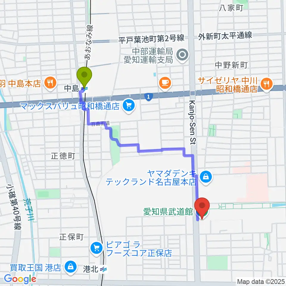 中島駅から愛知県武道館へのルートマップ地図