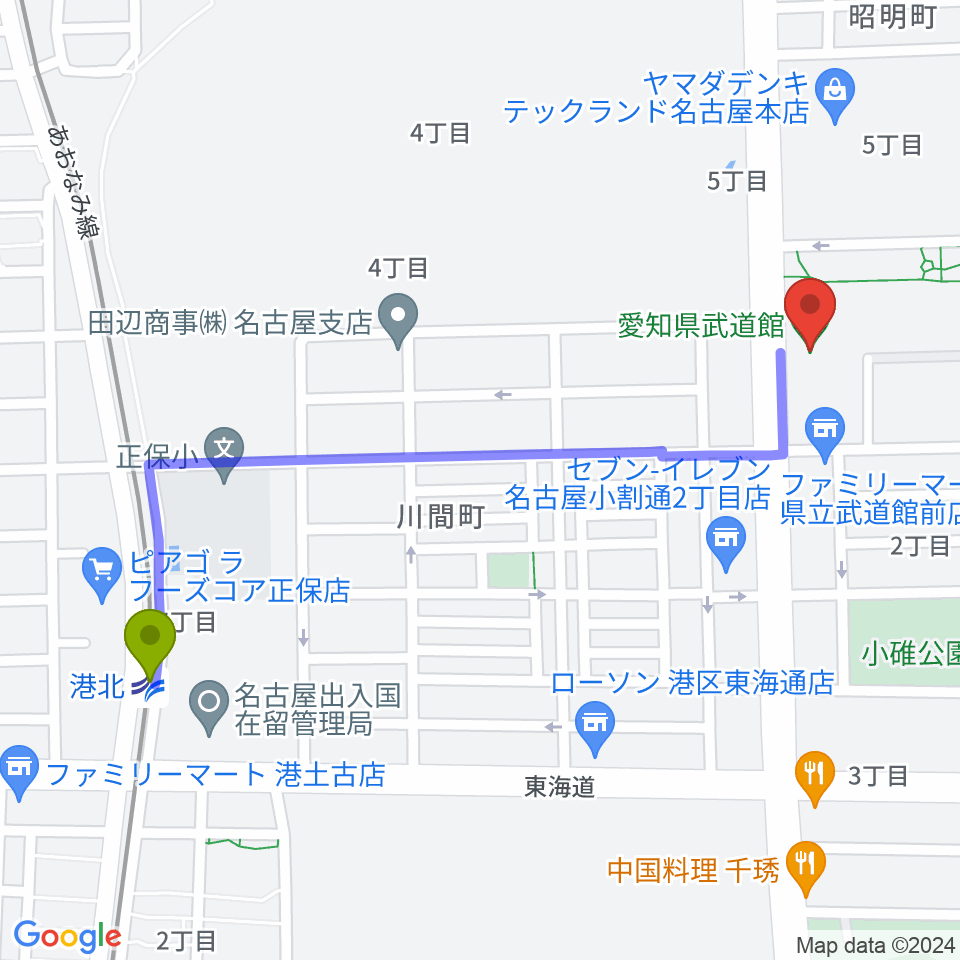 愛知県武道館の最寄駅港北駅からの徒歩ルート（約12分）地図