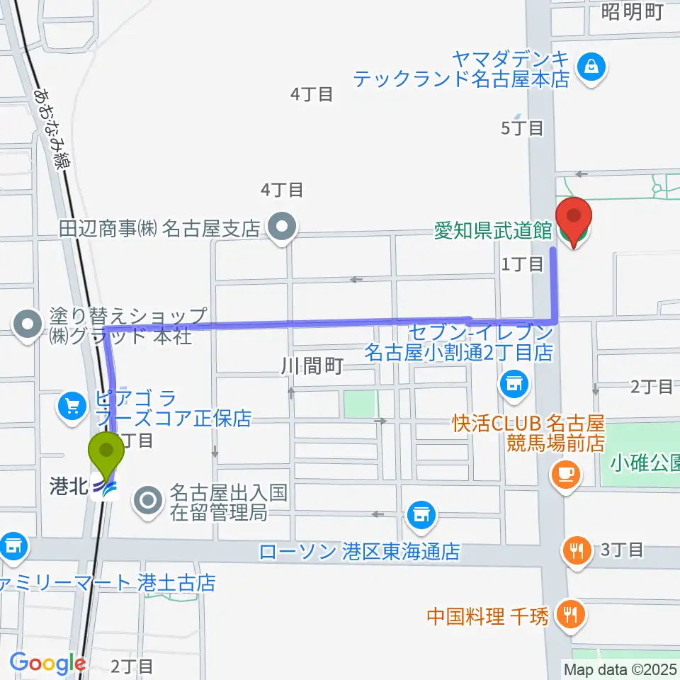 愛知県武道館の最寄駅港北駅からの徒歩ルート（約12分）地図