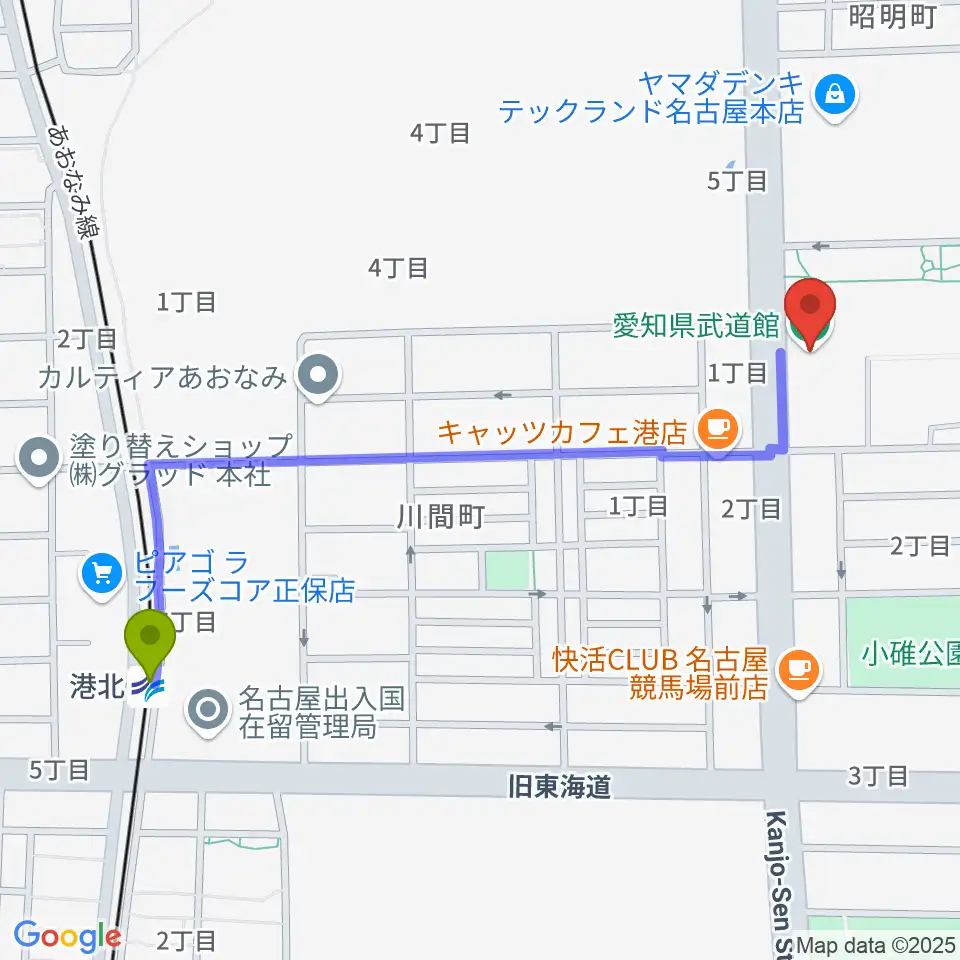 愛知県武道館の最寄駅港北駅からの徒歩ルート（約12分）地図