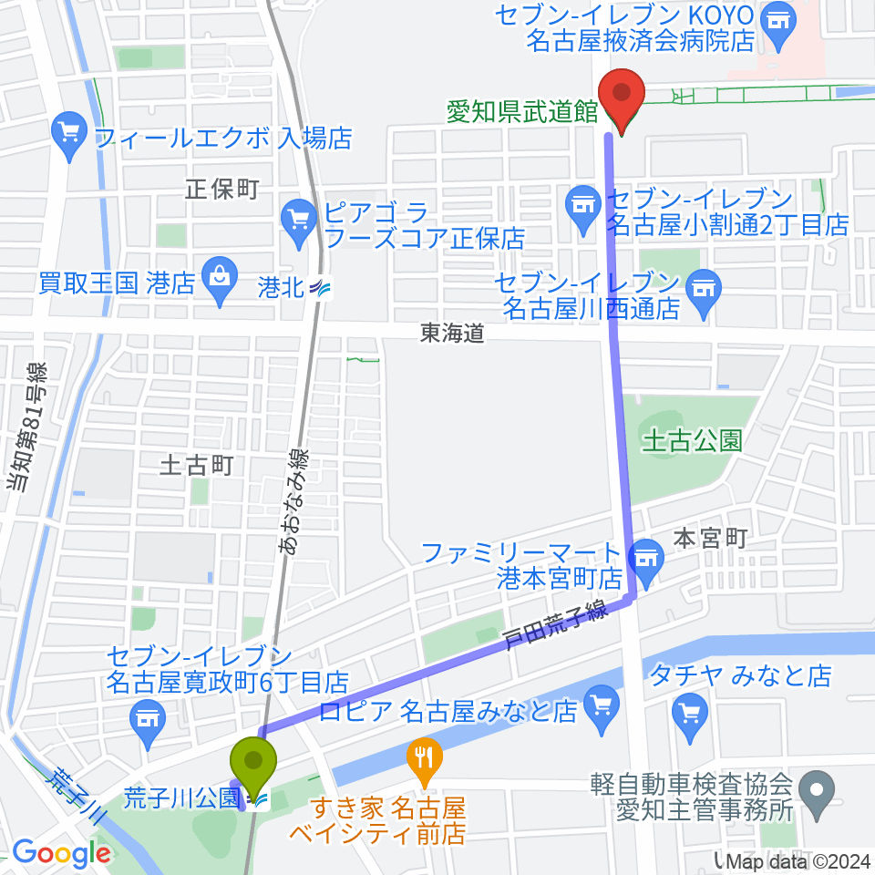 荒子川公園駅から愛知県武道館へのルートマップ地図
