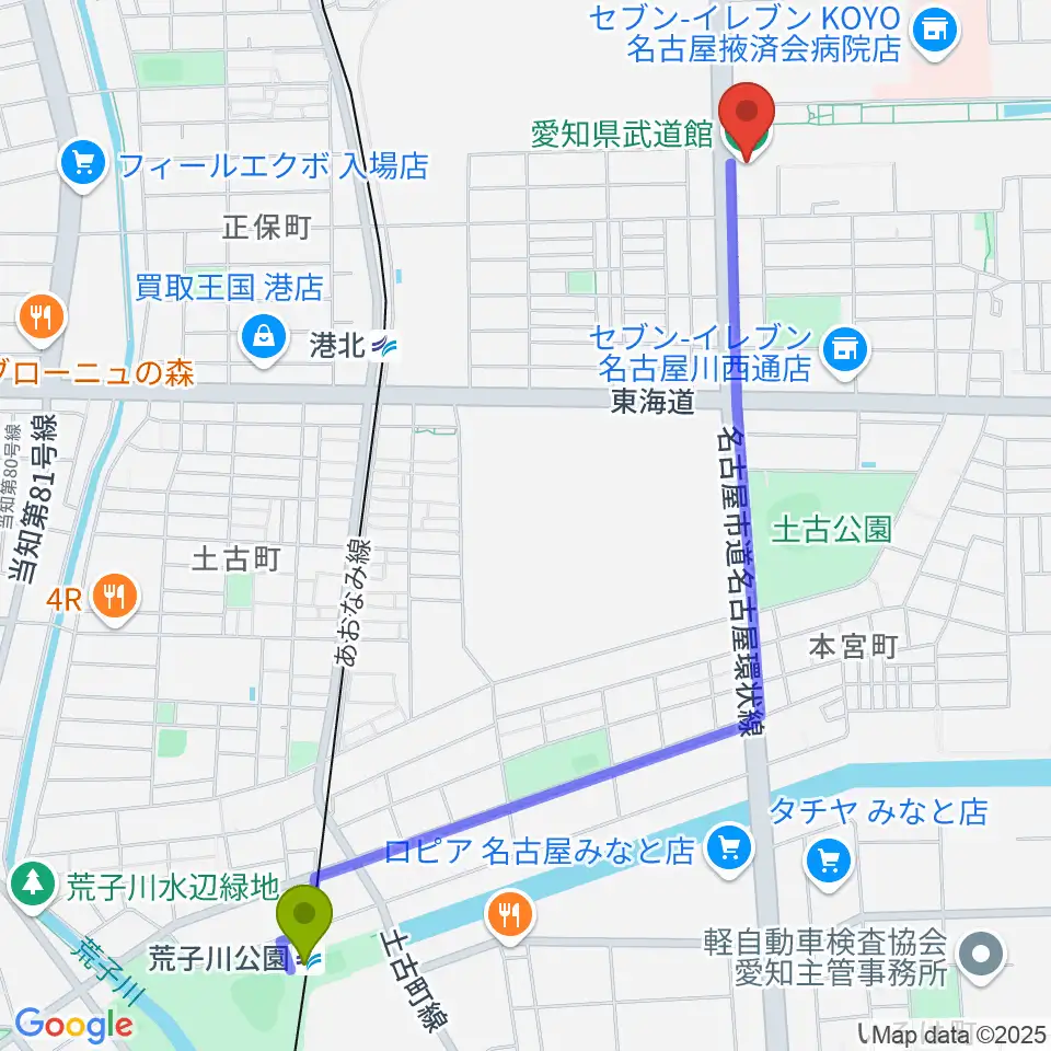 荒子川公園駅から愛知県武道館へのルートマップ地図