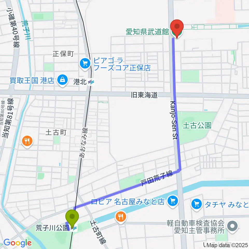 荒子川公園駅から愛知県武道館へのルートマップ地図