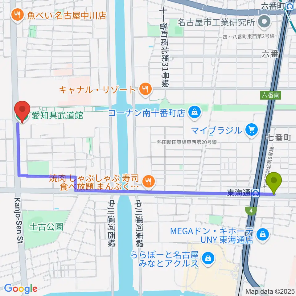 東海通駅から愛知県武道館へのルートマップ地図