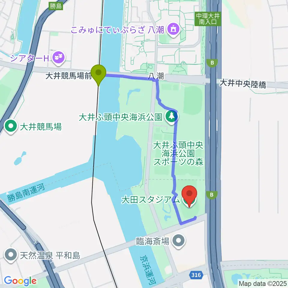 大井競馬場前駅から大田スタジアムへのルートマップ地図