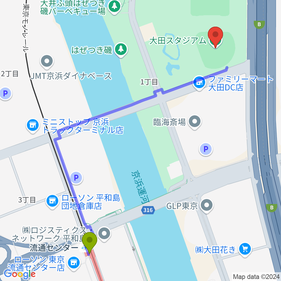 大田スタジアムの最寄駅流通センター駅からの徒歩ルート（約13分）地図