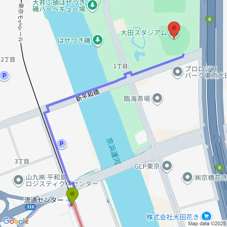 大田スタジアムの最寄駅流通センター駅からの徒歩ルート（約13分）地図