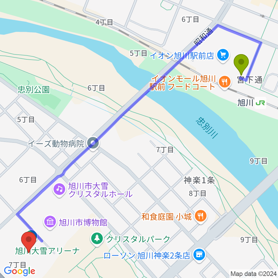 道北アークス大雪アリーナの最寄駅旭川駅からの徒歩ルート（約14分）地図