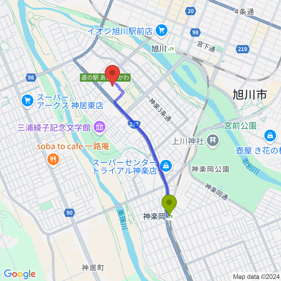 神楽岡駅から道北アークス大雪アリーナへのルートマップ地図